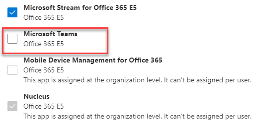 Screenshot 1 of the Teams license disabled for a user.