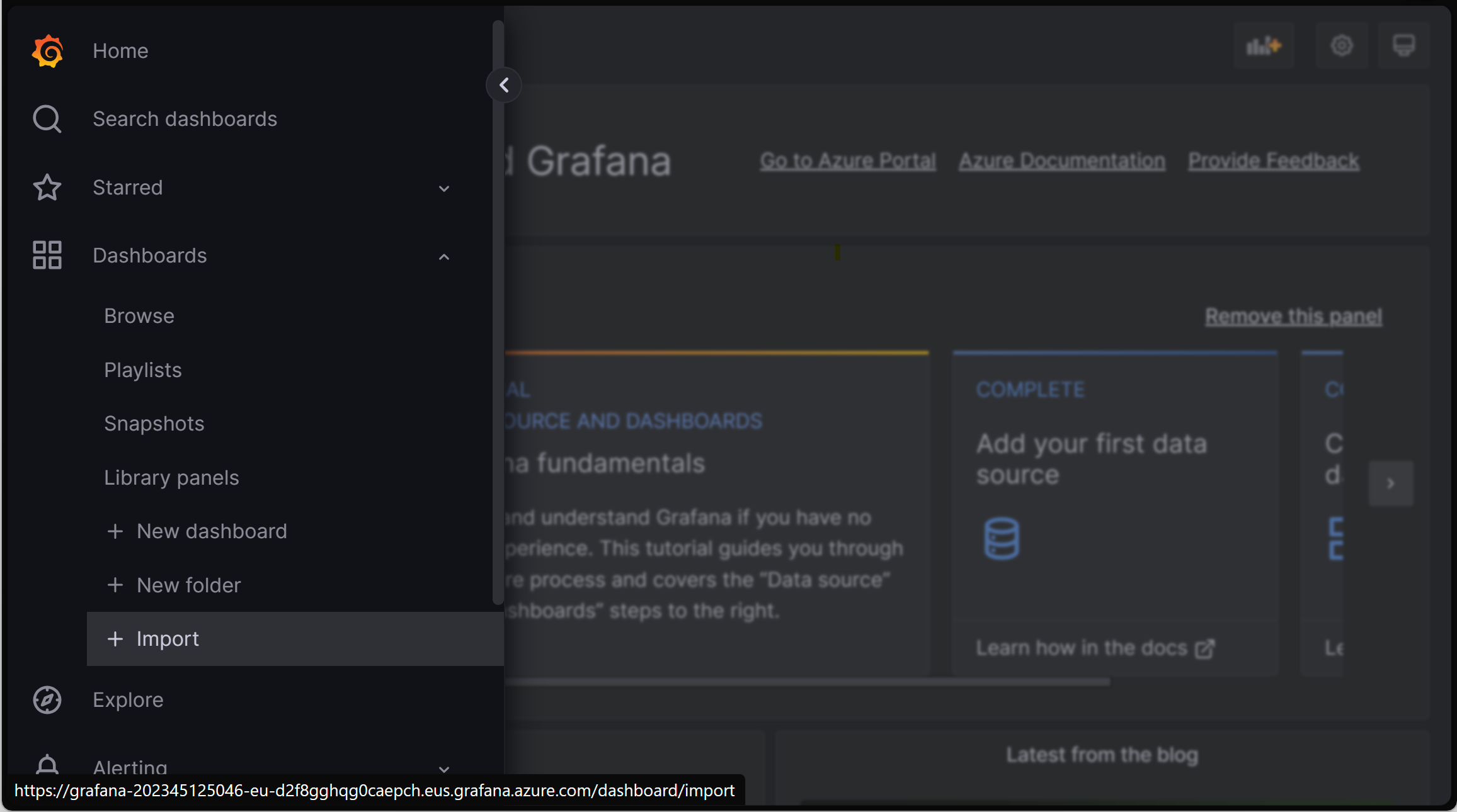 Schermopname van een browser met het Grafana-exemplaar met Het dashboard Importeren gemarkeerd.