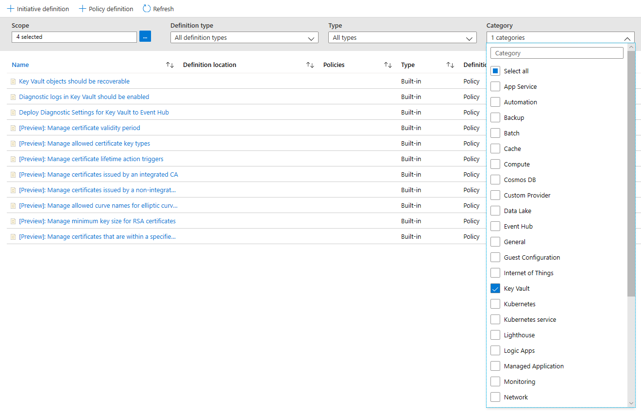 Schermopname van het filter Categorie en de geselecteerde categorie Key Vault.