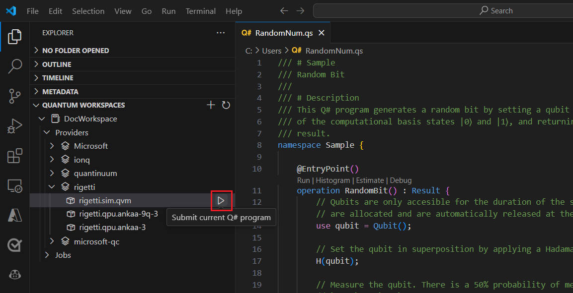 Schermopname van Visual Studio Code waarin wordt getoond hoe u de Rigetti-simulator uitvoert als target.