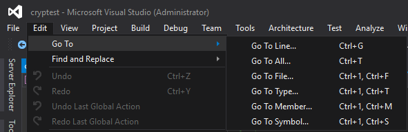 Screenshot of the Go To menu which has options like Go To Line (Ctrl + G), Go to File (Ctrl + 1, Ctrl + F), and more.