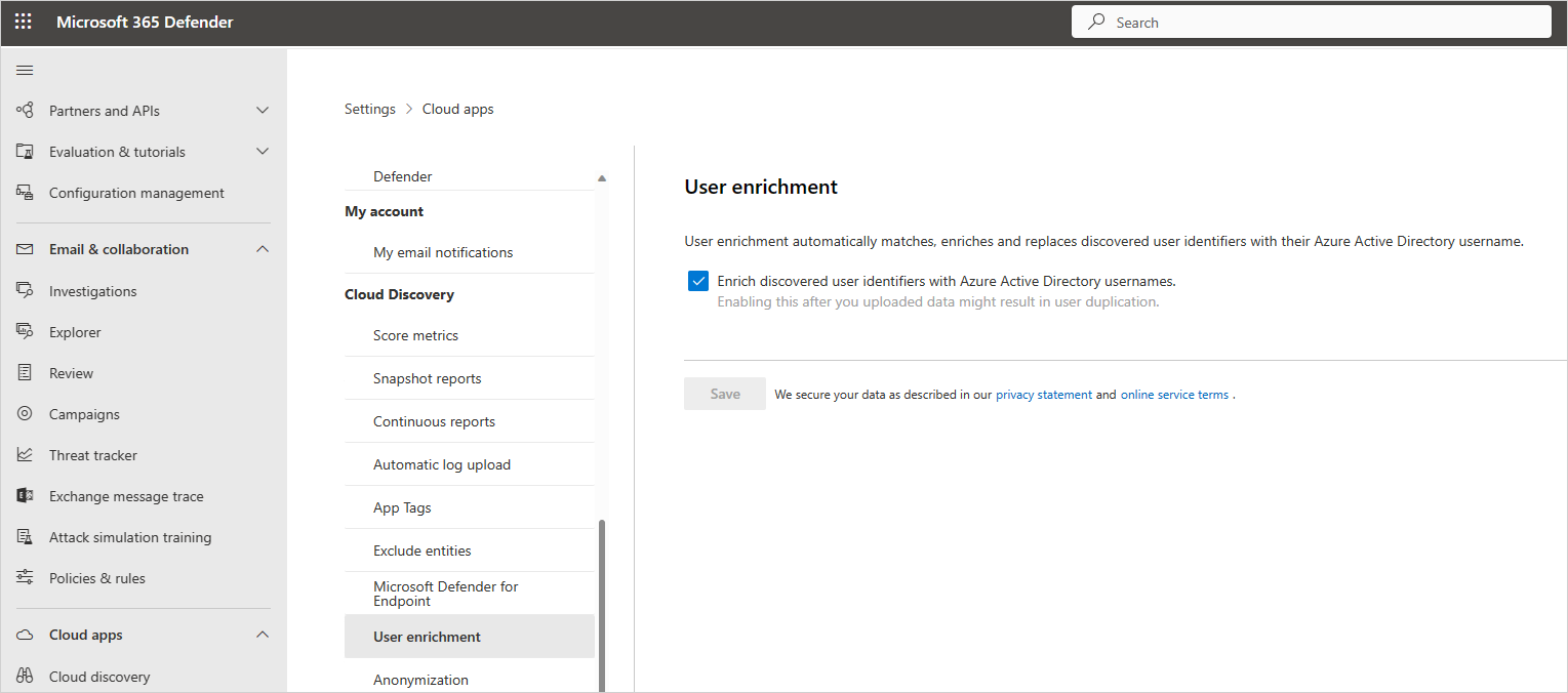 Verrijk Defender for Cloud Apps Discovery met Azure AD gebruikersnamen.