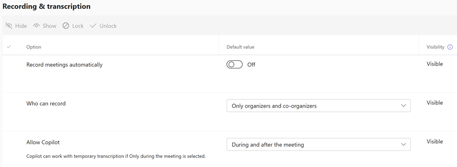 Screenshot of Teams recording policies for meeting templates in the Teams admin center.