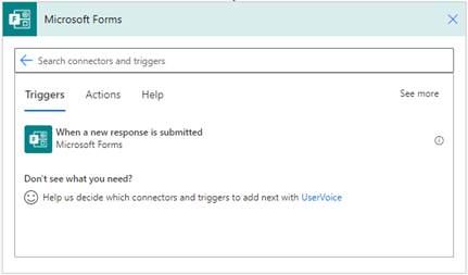 Schermopname van de Microsoft Forms-trigger in het Power Automate-canvas.