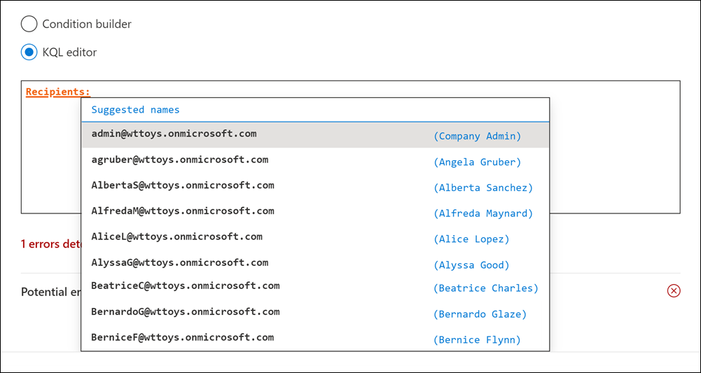 KQL editor suggests users for recipient email properties