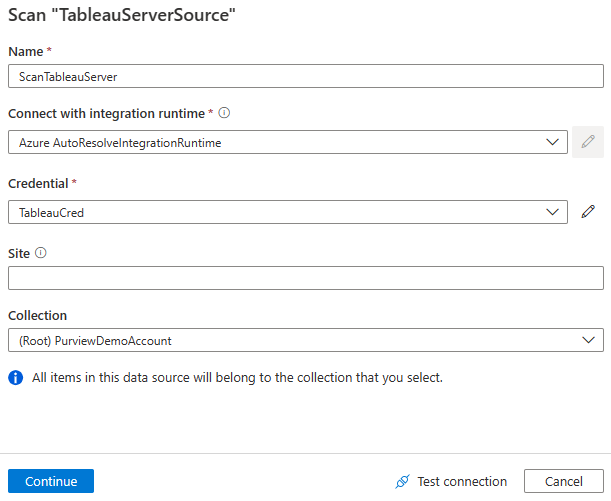 Screenshot of setting up a Tableau server scan.