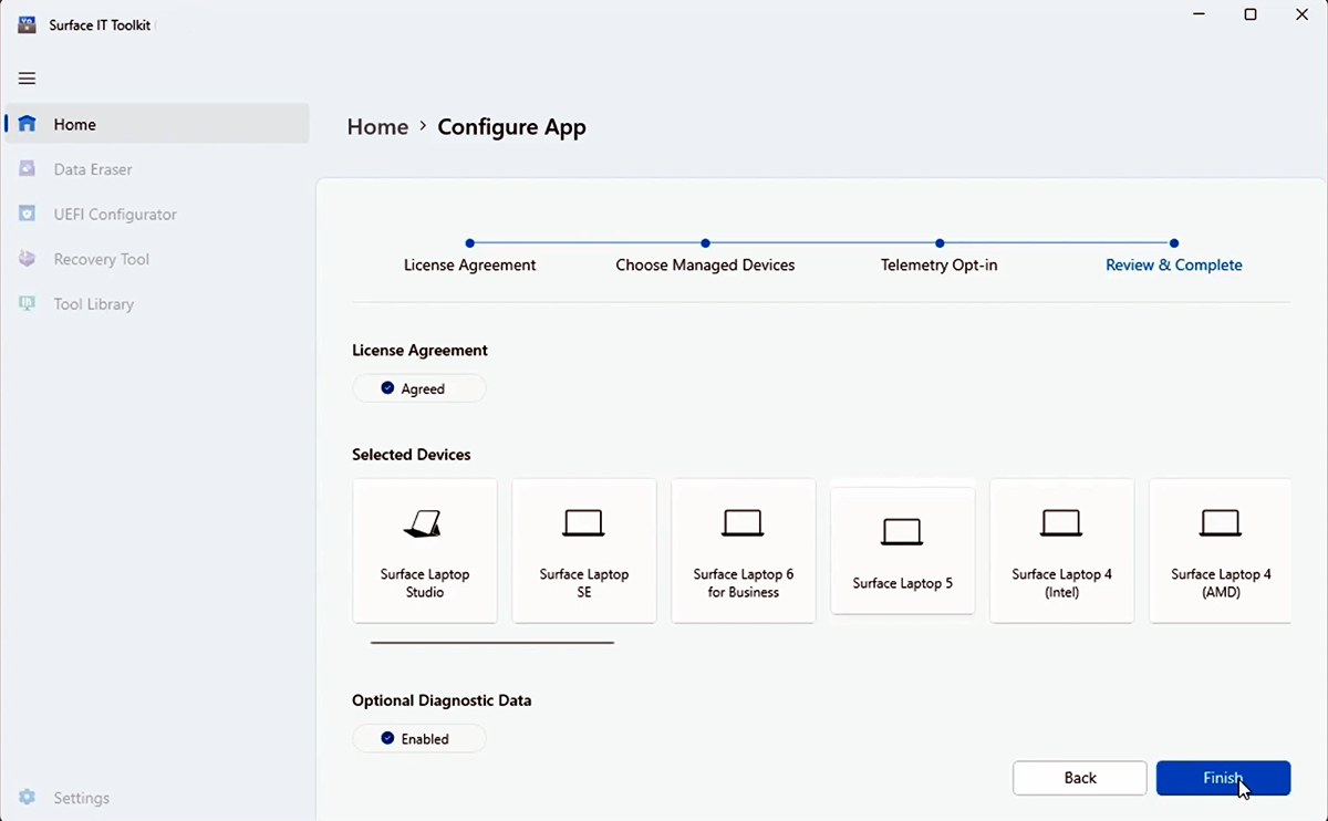 Screenshot that shows review and completion of app configuration.