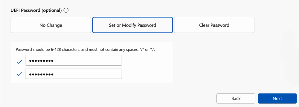 Screenshot showing the addition of a password to protect UEFI settings from unauthorized persons.