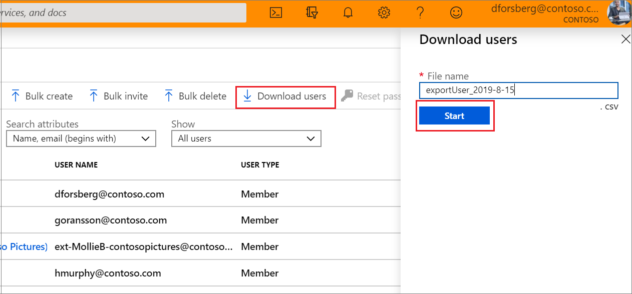 Azure Portal met de knop voor het downloaden van csv-bestanden van gebruikers.
