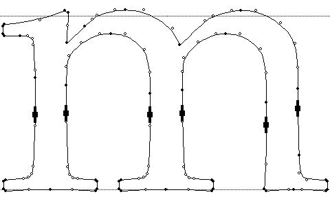 Screenshot showing highlighted control points on the vertical stem of the letter m.