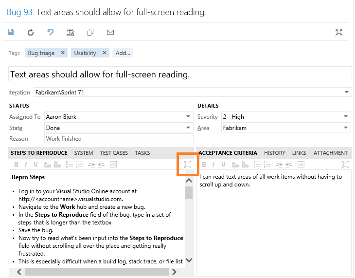 Maximize button to expand the steps to reproduce text area