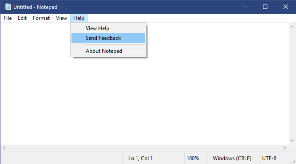 Option in Help to Send Feedback from Notepad.