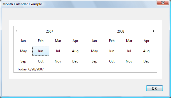 schermafbeelding van een dialoogvenster met een maandkalendercontrole die alle maanden van 2007 en 2008 weergeeft