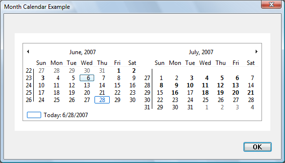 schermafbeelding van een dialoogvenster met een maandkalender-bedieningselement met twee naast elkaar weergegeven maanden