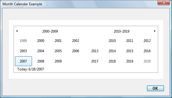 schermopname van een maandkalender met alle jaren van 1999 tot 2020