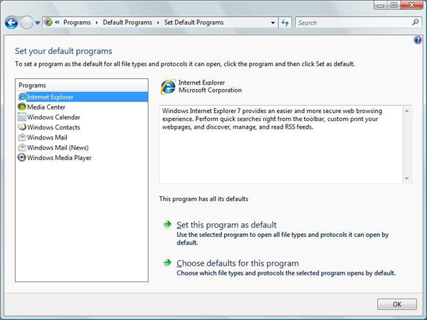 screen shot of the set your default programs page
