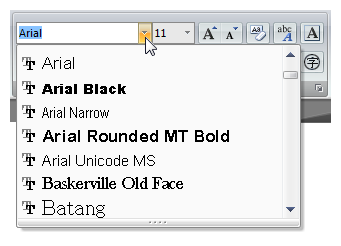 schermafbeelding van vervolgkeuzelijst met lettertypen waarvan een voorbeeld wordt weergegeven 