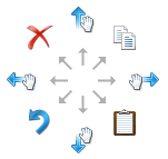 Diagram met veegbewegingen en de bijbehorende standaardtoewijzingen in Windows 7.