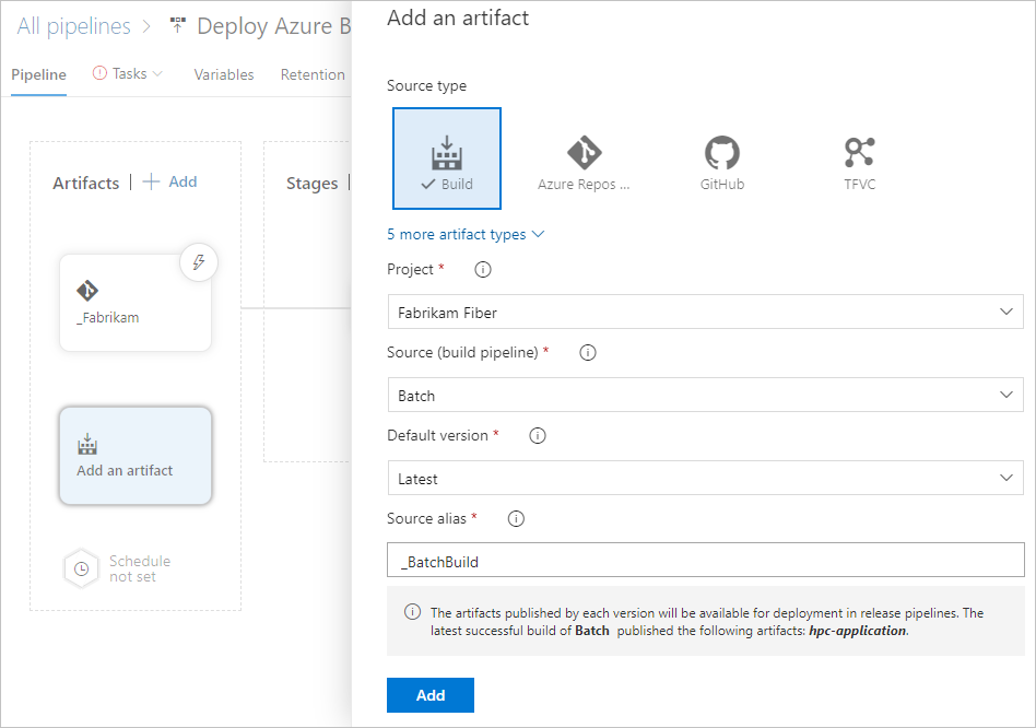 Zrzut ekranu przedstawiający link artefaktu do pakietu hpc-application w potoku kompilacji.