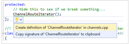 Zrzut ekranu przedstawiający szybką poprawkę z wyróżnioną opcją Create definition of Channel Route Iterator in channels dot C P P option (Tworzenie definicji iteratora trasy kanału w kanałach) dot C P P.