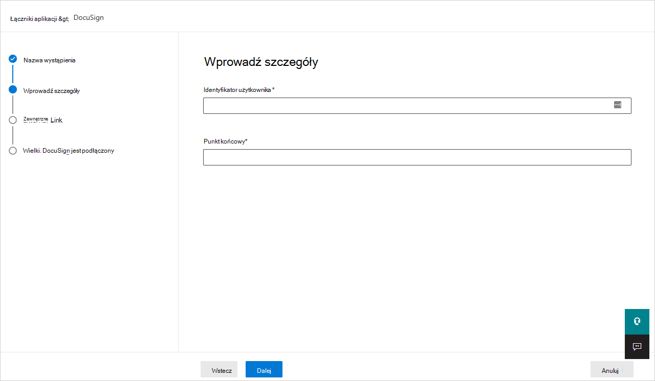 Wprowadź szczegóły programu DocuSign.