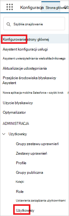 Użytkownicy menu usługi Salesforce.