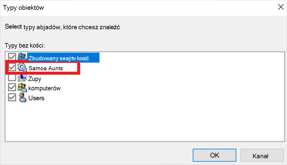 Zrzut ekranu przedstawiający wybieranie kont usług jako typów obiektów.