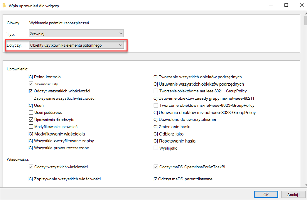 Zrzut ekranu przedstawiający ustawianie uprawnień i właściwości.