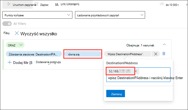 Zrzut ekranu przedstawiający wyszukiwanie pomyślnych połączeń z określonym adresem IP przez konstruktora zapytań trybu z przewodnikiem