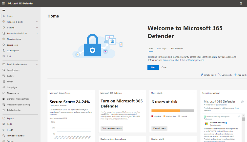 Strona Microsoft 365 Defender.