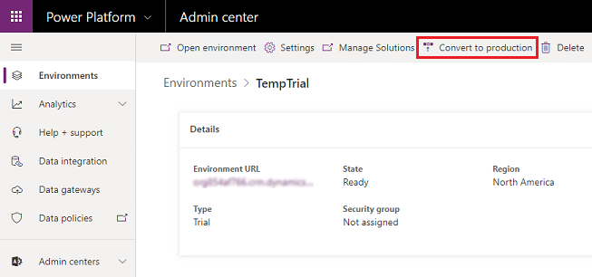 Wybierz Konwertuj na środowisko produkcyjne.