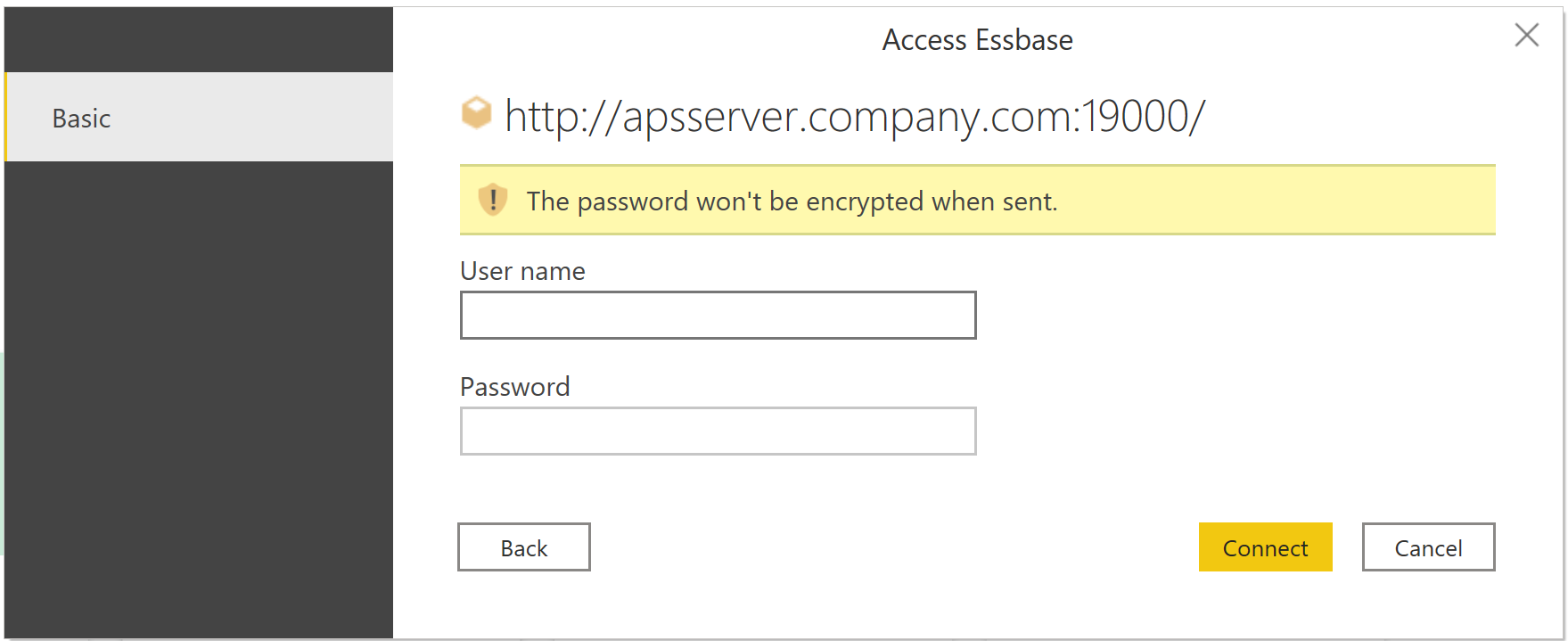 Essbase connection authentication (Uwierzytelnianie połączenia Essbase).