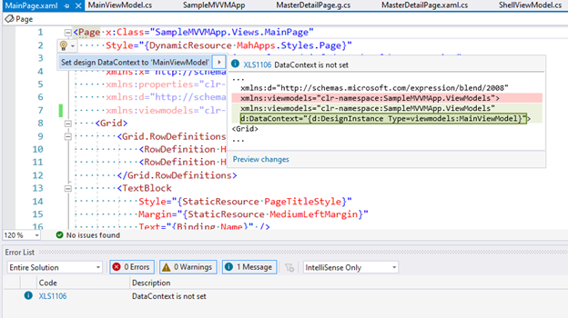 Funkcja IntelliSense kodu XAML dla MVVM d:DataContext