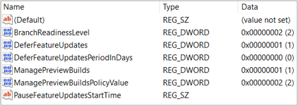 Screenshot of Windows Update for Business values in Registry Editor.