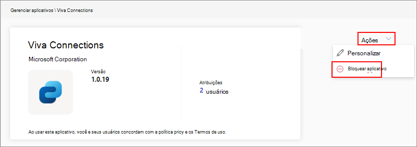 Captura de ecrã a mostrar como bloquear o acesso a uma aplicação a partir do menu Ações quando utiliza a funcionalidade Gerir o acesso por aplicação.