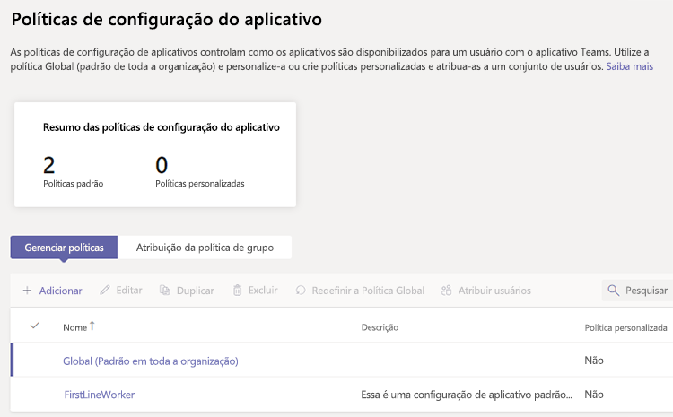 Captura de ecrã a mostrar a política de configuração de aplicações.