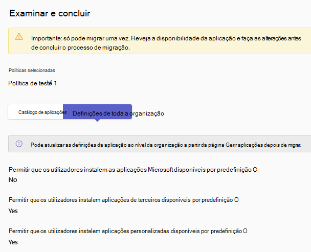 Captura de ecrã a mostrar a última IU a rever todas as definições.