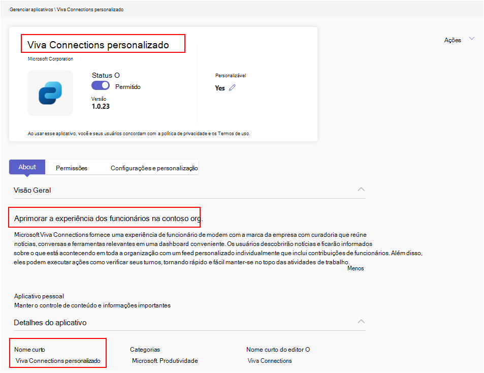 Captura de ecrã a mostrar o nome abreviado modificado de uma aplicação.