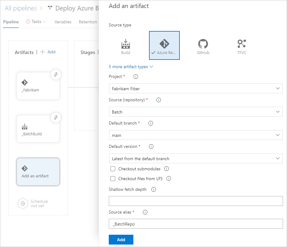 Captura de tela mostrando um link de artefato para o repositório Azure Repos.