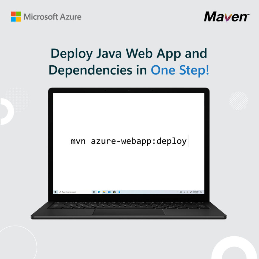 Diagrama que mostra uma tela de laptop com o texto 'mvn azure-webapp:deploy' e o título Implantar um aplicativo Web Java e dependências em uma etapa.