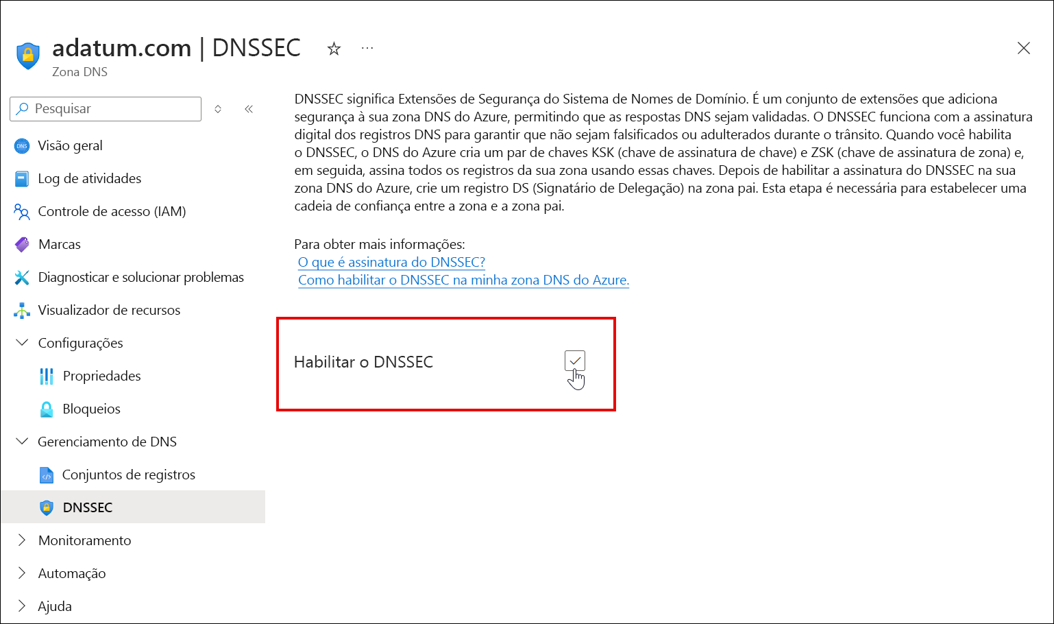 Captura de tela da seleção da caixa de seleção DNSSEC.