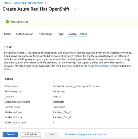 Screenshot of Review + create tab on Azure portal.