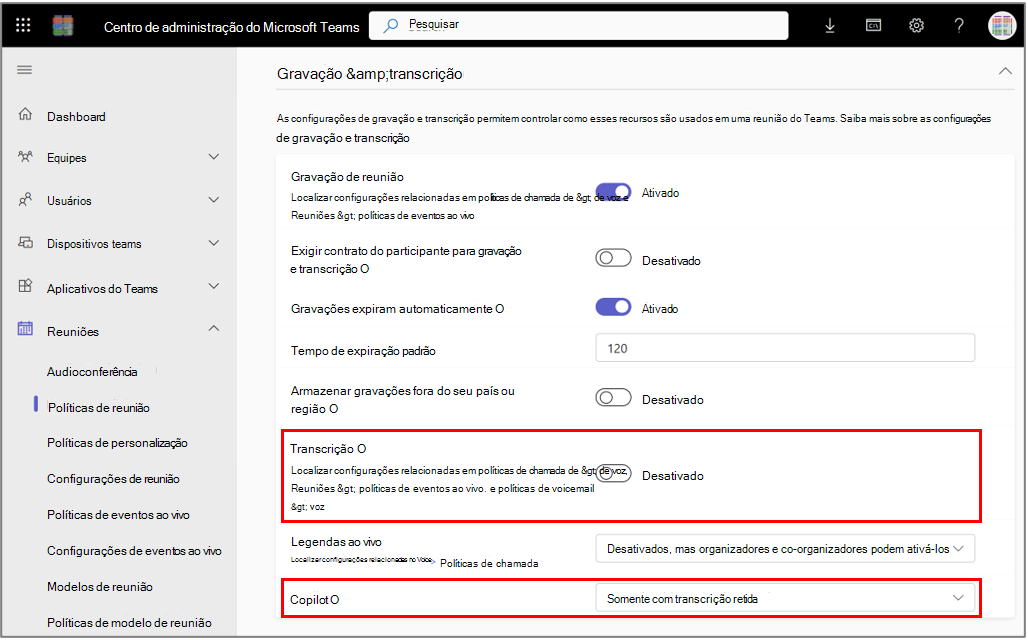 Políticas de Reunião do Teams para o Copilot.
