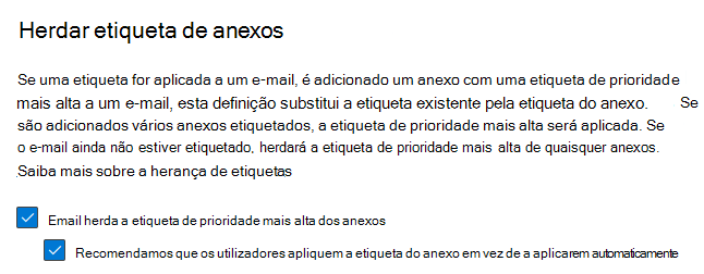 Herança de etiquetas para opções de e-mail.