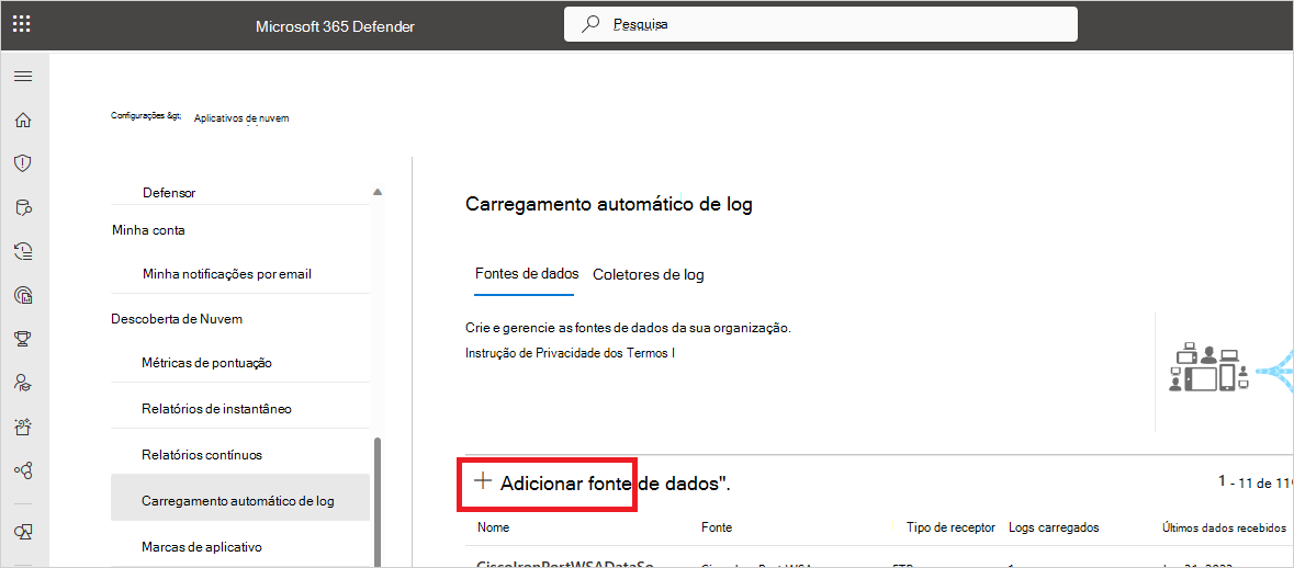 Captura de ecrã a mostrar o botão Adicionar origem de dados.