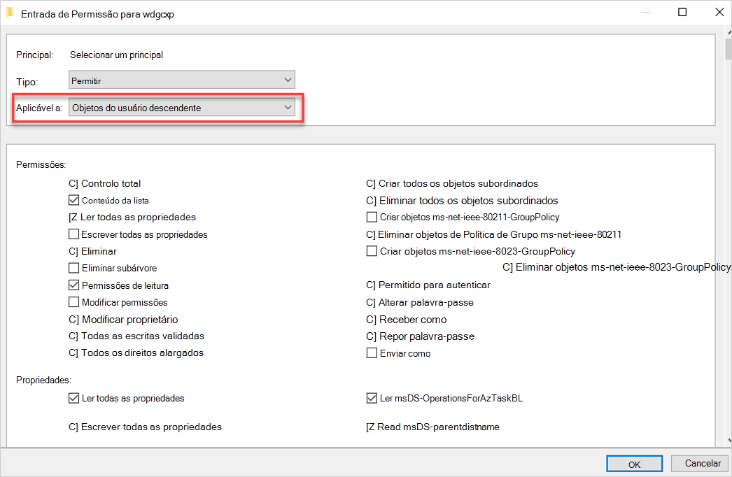 Captura de ecrã a mostrar a definição de permissões e propriedades.