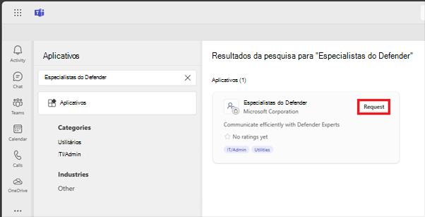 Captura de ecrã a pedir a aplicação Defender Experts no Microsoft Teams.