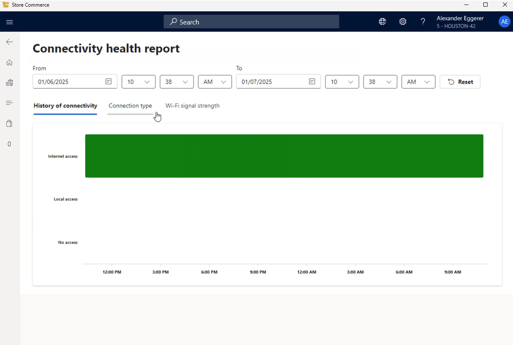 Captura de tela que mostra um exemplo de um gráfico Histórico de conectividade na página Relatório de integridade de conectividade.