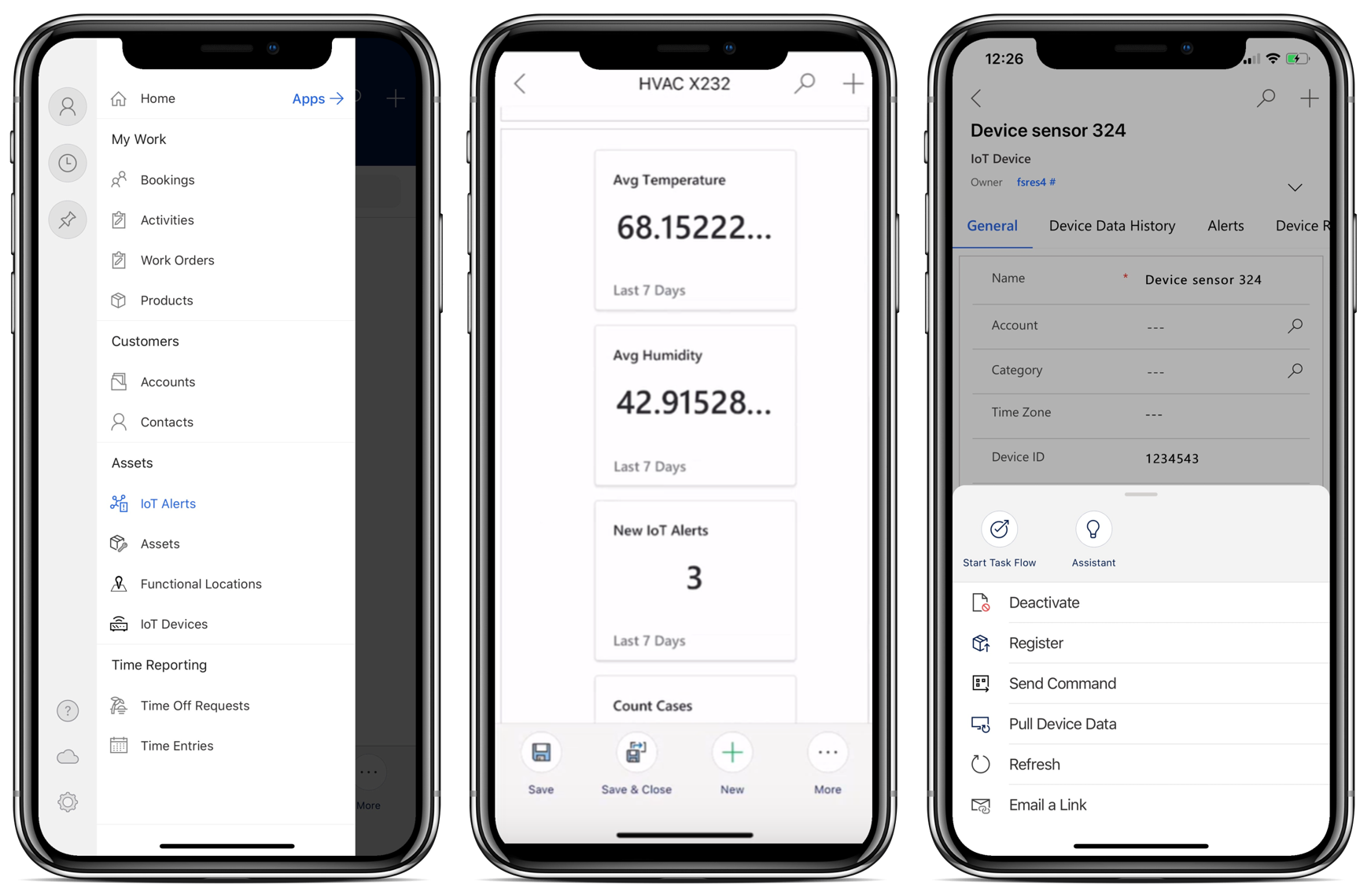 Captura de tela das leituras do aplicativo Field Service Mobile e do dispositivo de IoT.