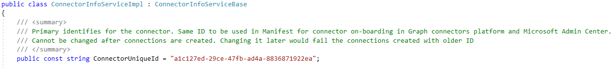 Captura de tela do arquivo ConnectorInfoServiceImpl.cs mostrando o local da ID do Provedor.